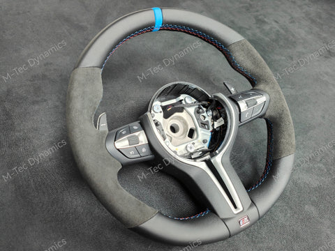 BMW F-SERIES NAPPA LEATHER TRI-STITCH / ALCANTARA / BLUE RING STEERING WHEEL - BMW 1 2 3 4 5 X SERIES