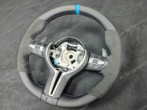 BMW F-SERIES NAPPA LEATHER TRI-STITCH / ALCANTARA / BLUE RING STEERING WHEEL - BMW 1 2 3 4 5 X SERIES