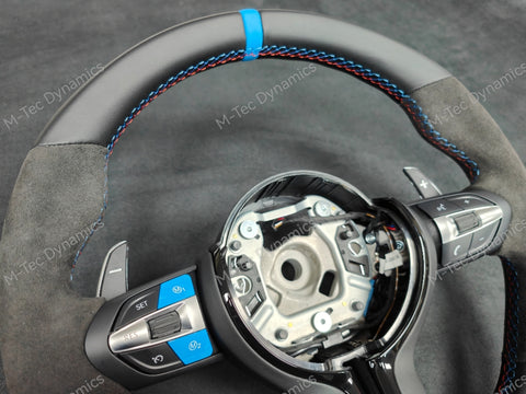 BMW F-SERIES NAPPA LEATHER TRI-STITCH / ALCANTARA / BLUE RING STEERING WHEEL - BMW 1 2 3 4 5 X SERIES