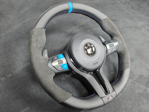 BMW F-SERIES NAPPA LEATHER TRI-STITCH / ALCANTARA / BLUE RING STEERING WHEEL - BMW 1 2 3 4 5 X SERIES