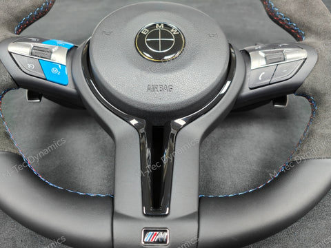 BMW F-SERIES NAPPA LEATHER TRI-STITCH / ALCANTARA / BLUE RING STEERING WHEEL - BMW 1 2 3 4 5 X SERIES