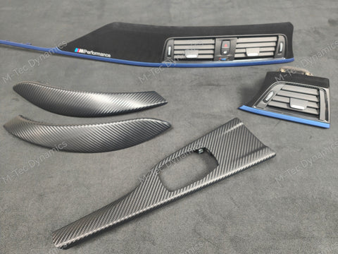 BMW F32 / F82 M4 CUSTOM INTERIOR TRIM SET - 3D CARBON / ALCANTARA STYLE  / BLUE ACCENT