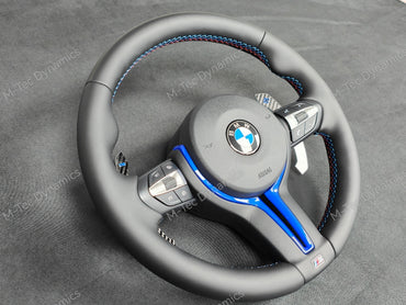 BMW F-SERIES NAPPA LEATHER TRI-STITCH / CUSTOM / BLUE M4 FASCIA STEERING WHEEL - BMW 1 2 3 4 5 X SERIES