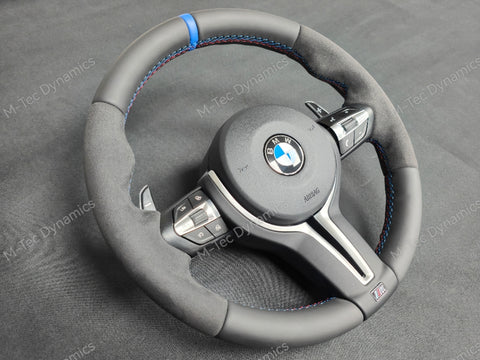 BMW F-SERIES NAPPA LEATHER TRI-STITCH / ALCANTARA / BLUE RING STEERING WHEEL - BMW 1 2 3 4 5 X SERIES