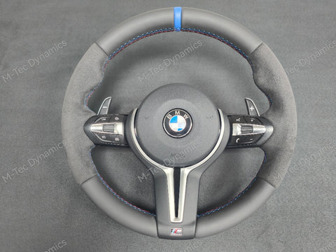 BMW F-SERIES NAPPA LEATHER TRI-STITCH / ALCANTARA / BLUE RING STEERING WHEEL - BMW 1 2 3 4 5 X SERIES