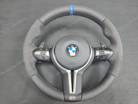 BMW F-SERIES NAPPA LEATHER TRI-STITCH / ALCANTARA / BLUE RING STEERING WHEEL - BMW 1 2 3 4 5 X SERIES