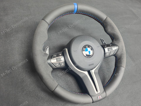 BMW F-SERIES NAPPA LEATHER TRI-STITCH / ALCANTARA / BLUE RING STEERING WHEEL - BMW 1 2 3 4 5 X SERIES