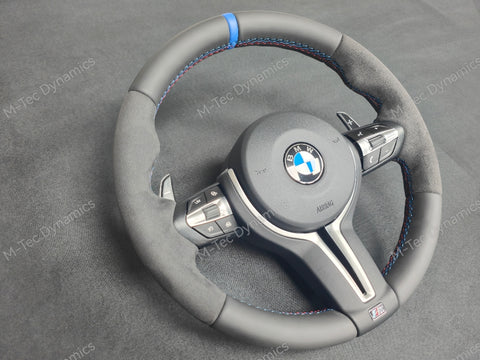 BMW F-SERIES NAPPA LEATHER TRI-STITCH / ALCANTARA / BLUE RING STEERING WHEEL - BMW 1 2 3 4 5 X SERIES