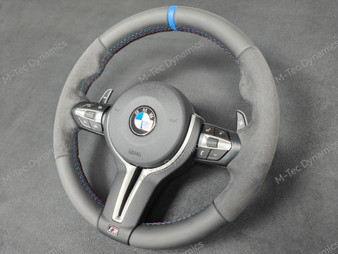 BMW F-SERIES NAPPA LEATHER TRI-STITCH / ALCANTARA / BLUE RING STEERING WHEEL - BMW 1 2 3 4 5 X SERIES