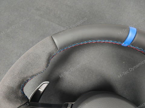 BMW F-SERIES NAPPA LEATHER TRI-STITCH / ALCANTARA / BLUE RING STEERING WHEEL - BMW 1 2 3 4 5 X SERIES