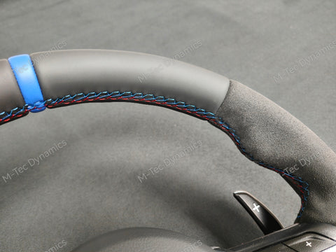 BMW F-SERIES NAPPA LEATHER TRI-STITCH / ALCANTARA / BLUE RING STEERING WHEEL - BMW 1 2 3 4 5 X SERIES