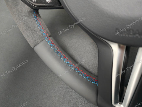 BMW F-SERIES NAPPA LEATHER TRI-STITCH / ALCANTARA / BLUE RING STEERING WHEEL - BMW 1 2 3 4 5 X SERIES