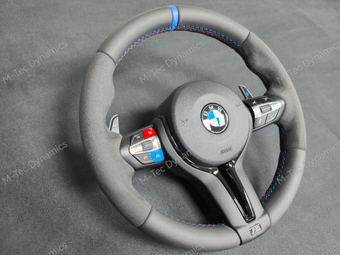 BMW F-SERIES NAPPA LEATHER TRI-STITCH / ALCANTARA / BLUE RING STEERING WHEEL - BMW 1 2 3 4 5 X SERIES (CUSTOM)