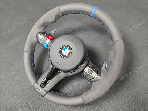 BMW F-SERIES NAPPA LEATHER TRI-STITCH / ALCANTARA / BLUE RING STEERING WHEEL - BMW 1 2 3 4 5 X SERIES (CUSTOM)