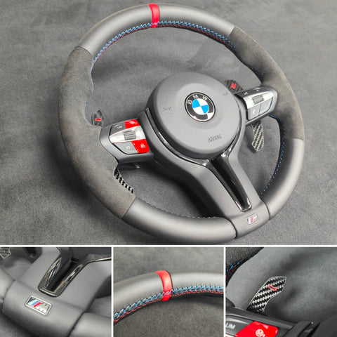 BMW F-SERIES NAPPA LEATHER TRI-STITCH / ALCANTARA / RED RING STEERING WHEEL - BMW 1 2 3 4 5 X SERIES