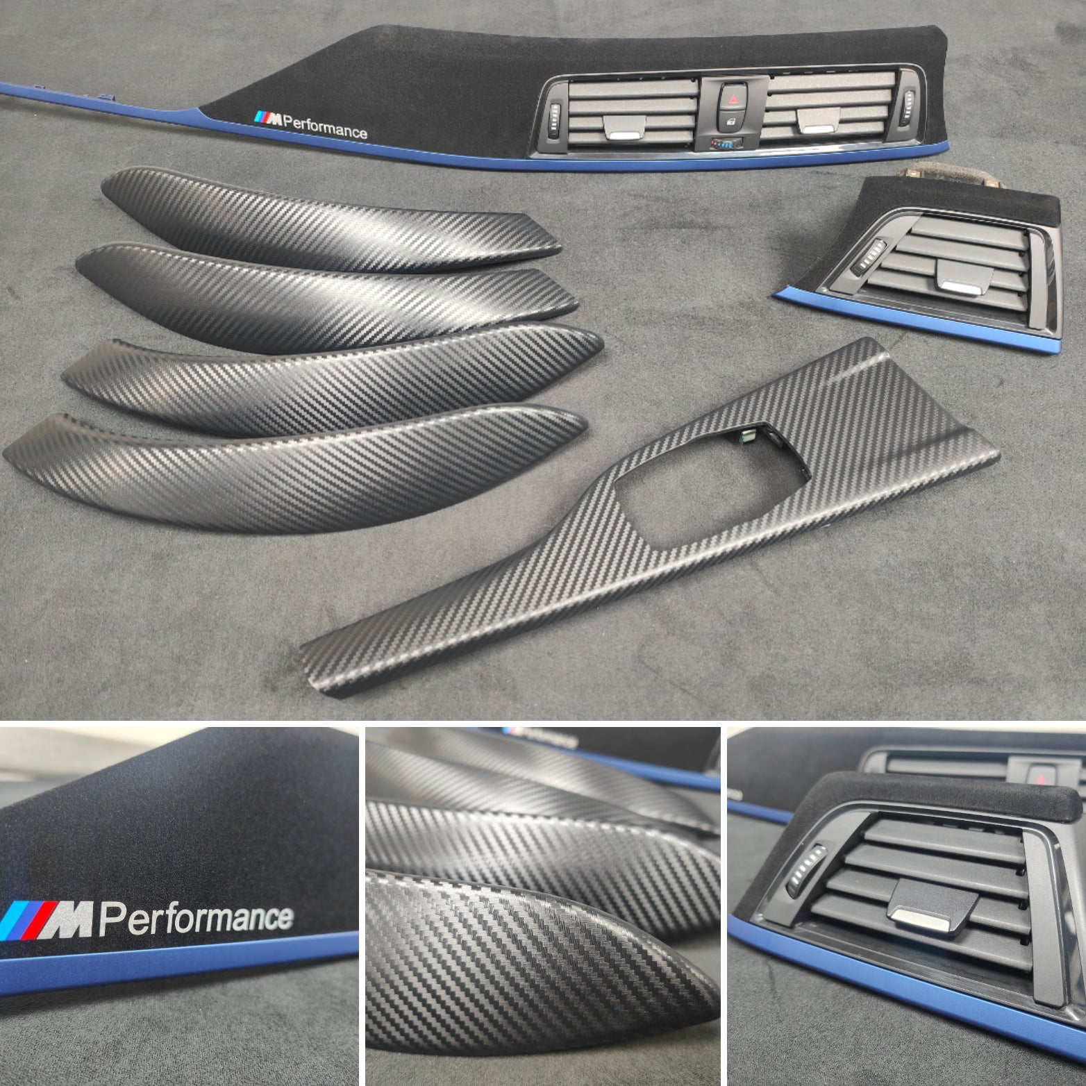 BMW F30 F31 F36 F80 M3 CUSTOM INTERIOR TRIM SET - 3D CARBON / ALCANTARA STYLE  / BLUE ACCENT