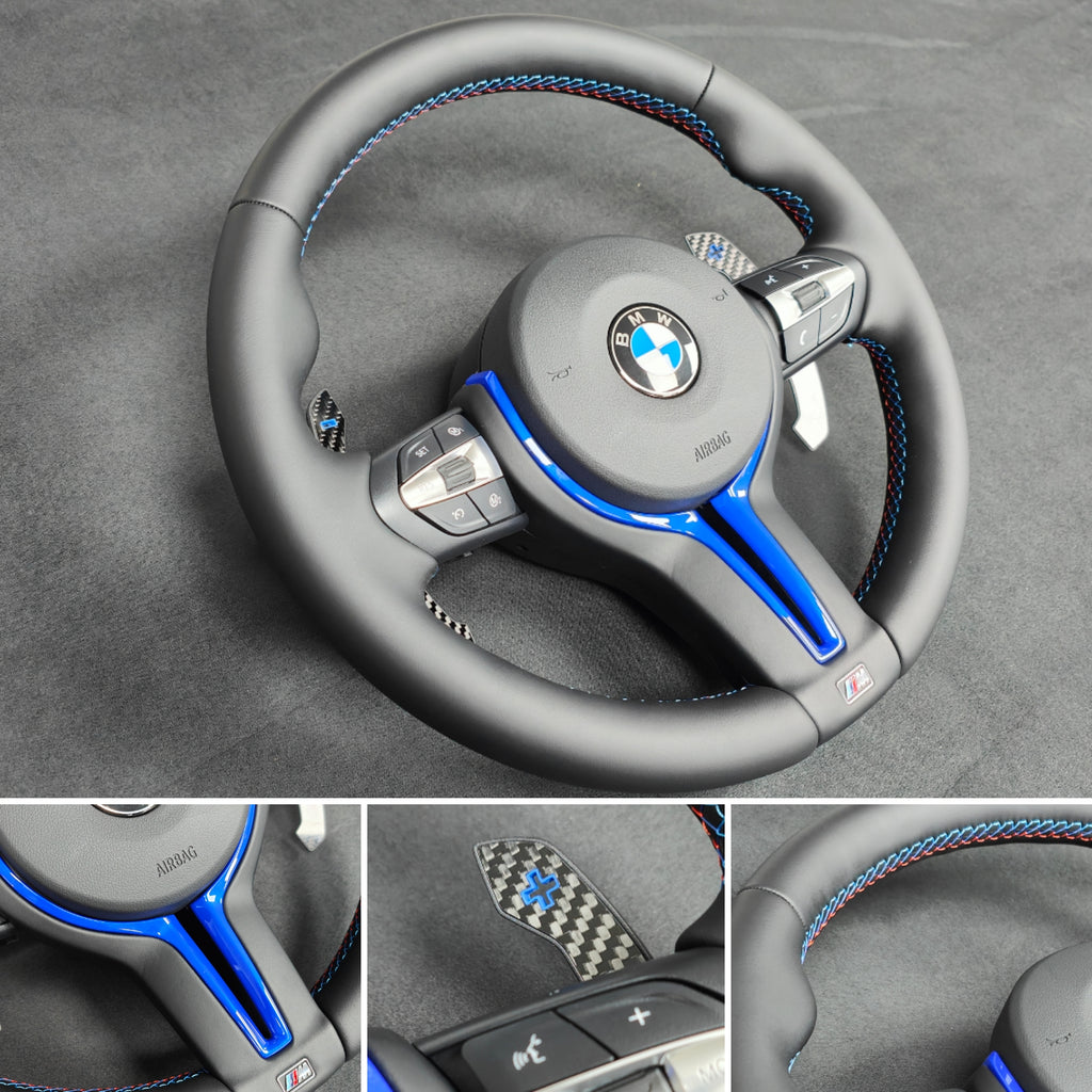 BMW F-SERIES NAPPA LEATHER TRI-STITCH / CUSTOM / BLUE M4 FASCIA STEERING WHEEL - BMW 1 2 3 4 5 X SERIES