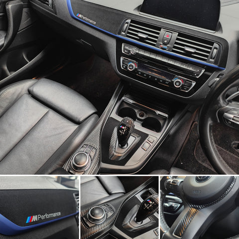 BMW F20 LCI-2 CUSTOM INTERIOR TRIM SET - PREMIUM TEXTURED BLACK CARBON / BLUE ACCENT