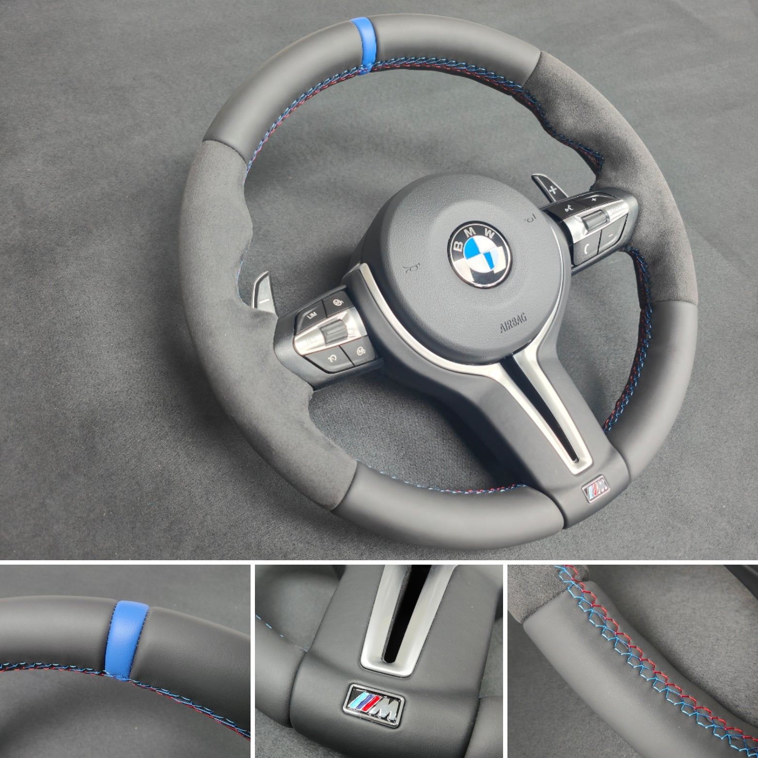 BMW F-SERIES NAPPA LEATHER TRI-STITCH / ALCANTARA / BLUE RING STEERING WHEEL - BMW 1 2 3 4 5 X SERIES