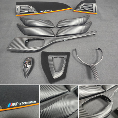 BMW F20 F21 F22 F23 CUSTOM INTERIOR TRIM SET - WRAPPING SERVICE - 3D CARBON / ALCANTARA / ORANGE ACCENT