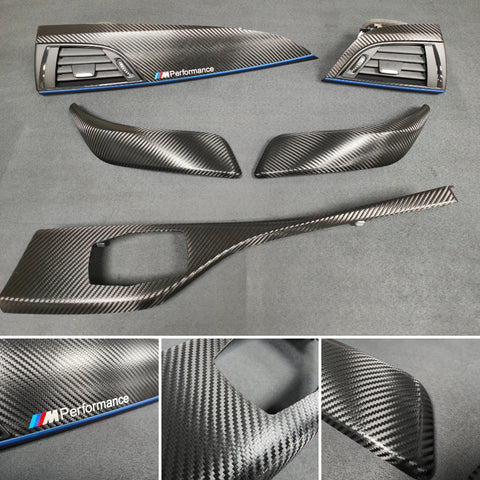 BMW F21 F22 INTERIOR TRIM SET - DEEP TEXTURED GLOSSY CARBON / BLUE ACCENT (#19)