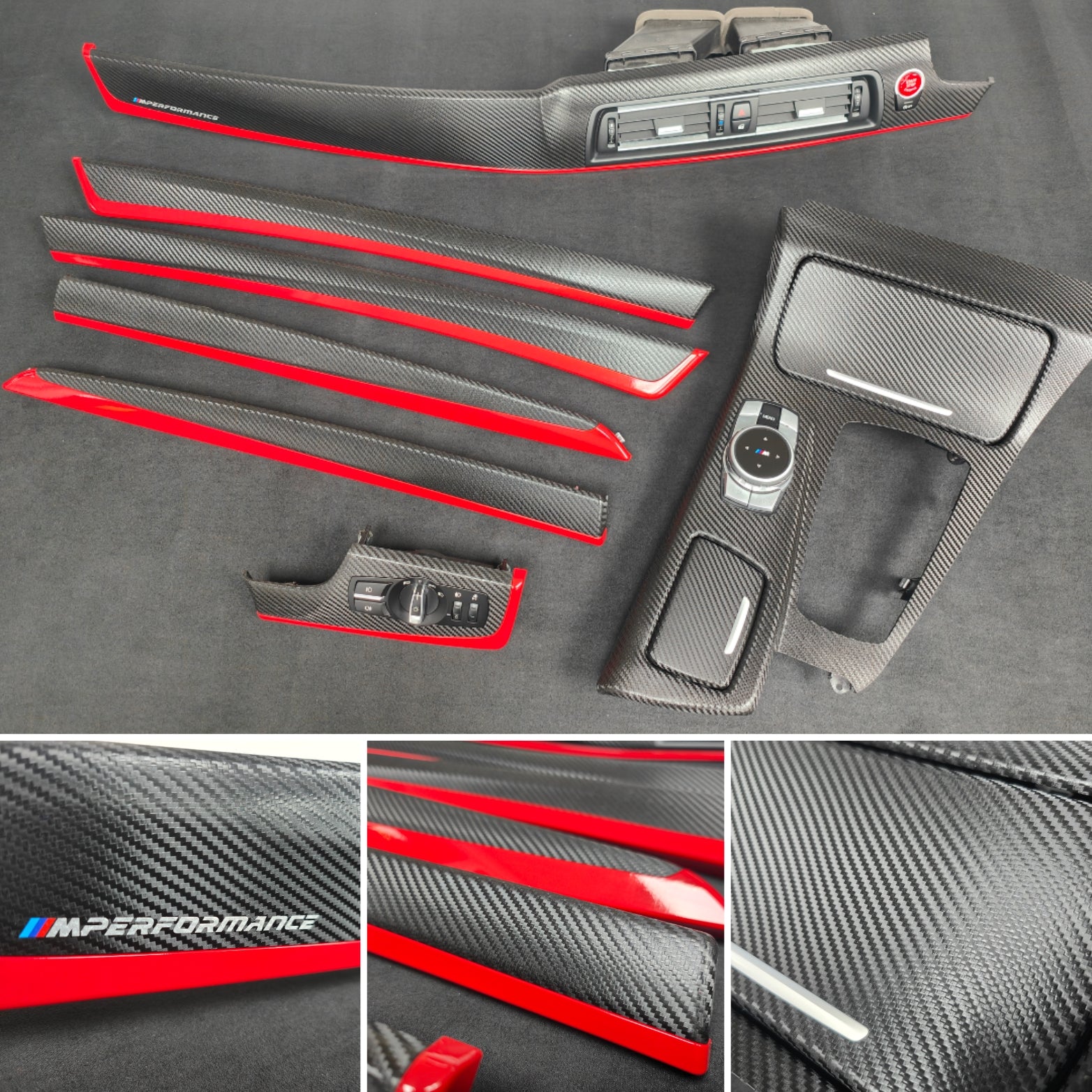 BMW F10 F11 AUTO INTERIOR TRIM SET - DEEP TEXTURED GLOSSY BLACK CARBON / RED ACCENT (MTD-TEX)