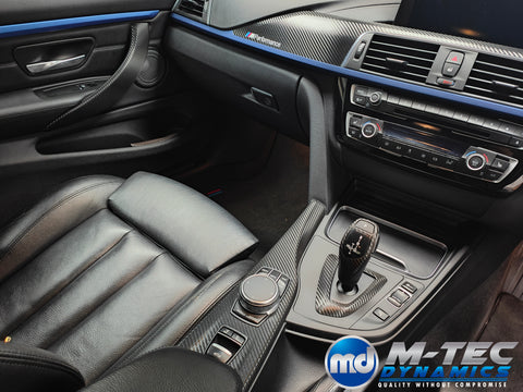 WRAPPING SERVICE - BMW F3X LCI INTERIOR TRIM SET - DEEP TEXTURED GLOSSY CARBON / BLUE ACCENT (MTD-TEX) - F30 F31 F32 F33 F36