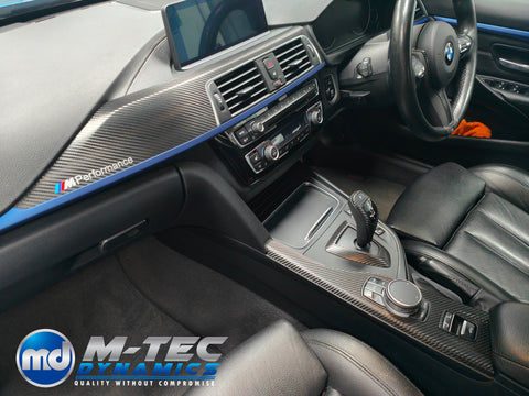 WRAPPING SERVICE - BMW F3X LCI INTERIOR TRIM SET - DEEP TEXTURED GLOSSY CARBON / BLUE ACCENT (MTD-TEX) - F30 F31 F32 F33 F36