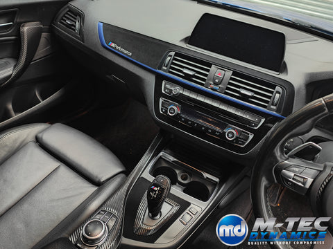 BMW F20 LCI-2 CUSTOM INTERIOR TRIM SET - PREMIUM TEXTURED BLACK CARBON / BLUE ACCENT