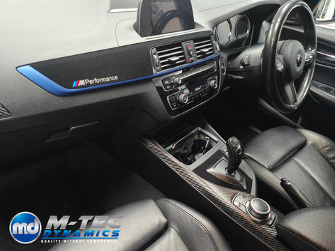 BMW F20 LCI-2 CUSTOM INTERIOR TRIM SET - PREMIUM TEXTURED BLACK CARBON / BLUE ACCENT