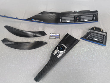 BMW F32 F82 4-SERIES COUPE INTERIOR TRIM SET - DEEP TEXTURED GLOSSY CARBON / BLUE ACCENT (MTD-TEX)